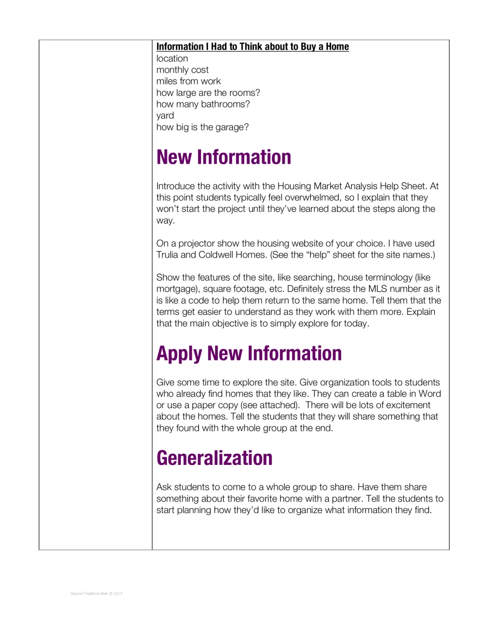 Day One lesson continues with home buying factors, housing website exploration, and organizing findings