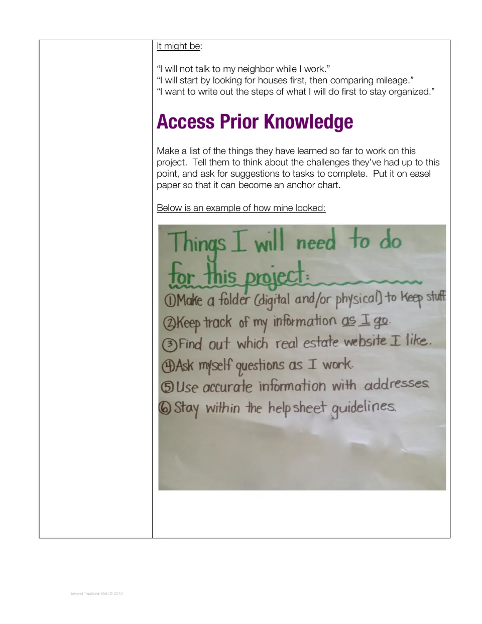 Home research lesson gives sample student goals and an anchor chart of six steps for organizing the project
