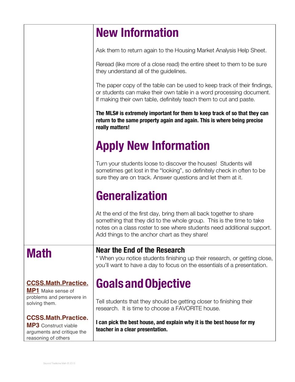 Research instructions emphasize recording MLS numbers, checking progress, and choosing a home to present