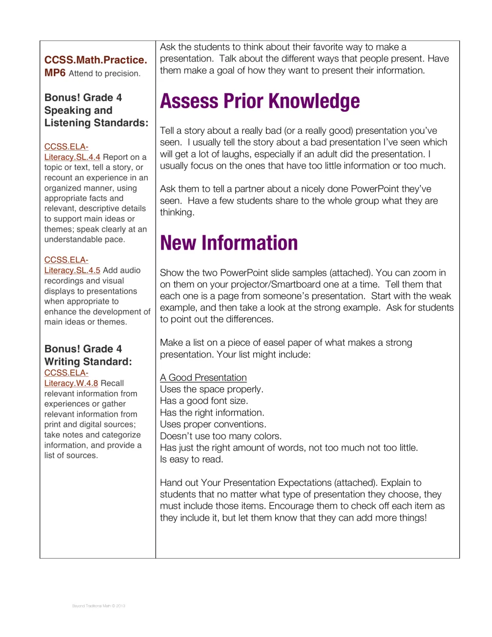 Presentation lesson compares weak and strong slide samples and lists features of a clear home recommendation