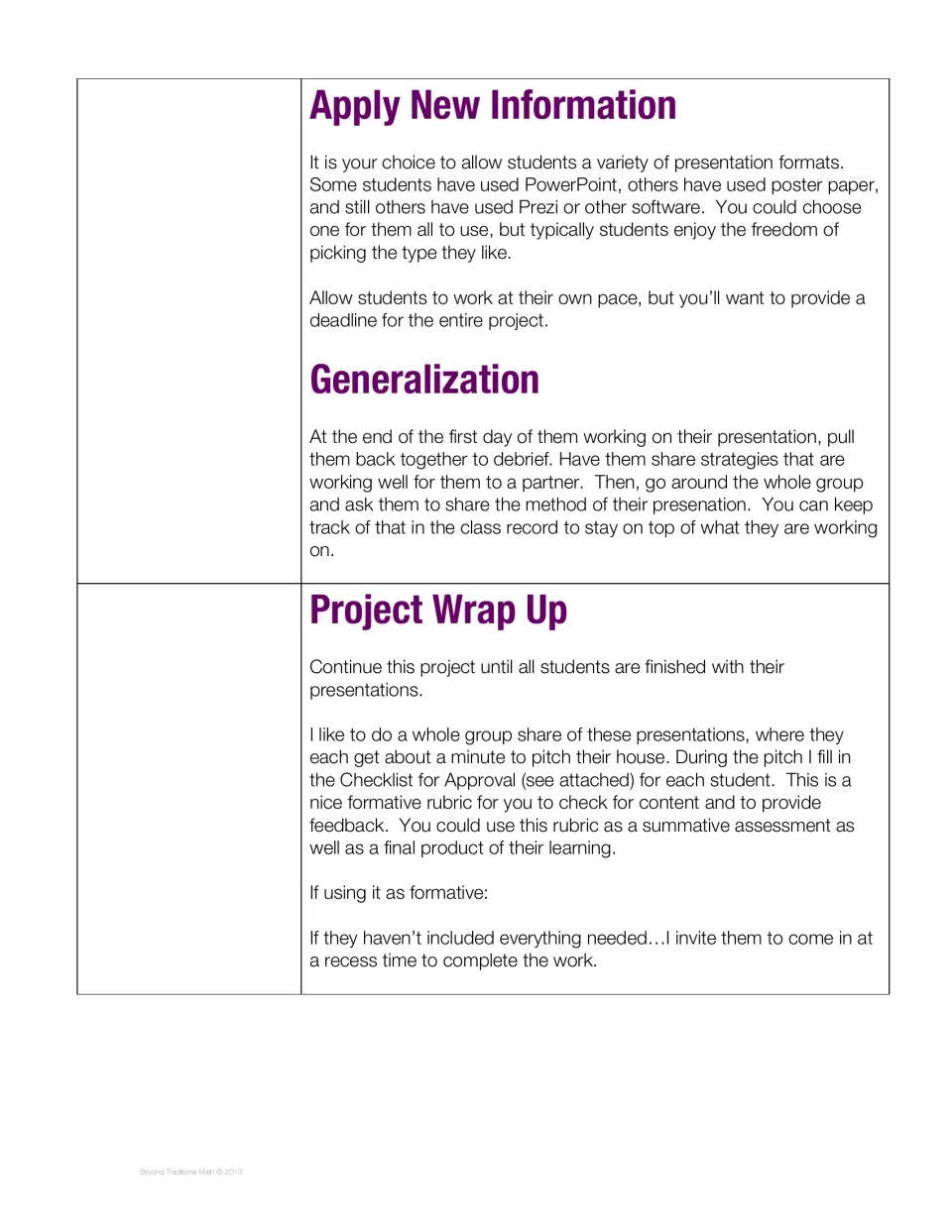 Final teacher instructions cover presentation formats, peer sharing, one-minute home pitches, and assessment