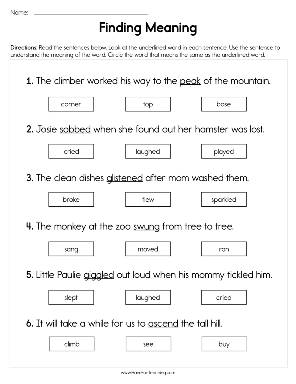 Vocabulary practice: six sentences using peak, sobbed, glistened, swung, giggled, and ascend to find synonyms.
