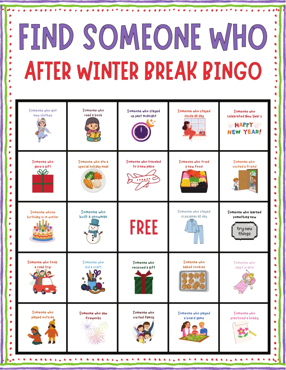 After-break bingo card 3: students ask who got new clothes, read a book, stayed inside all day or celebrated New Year's