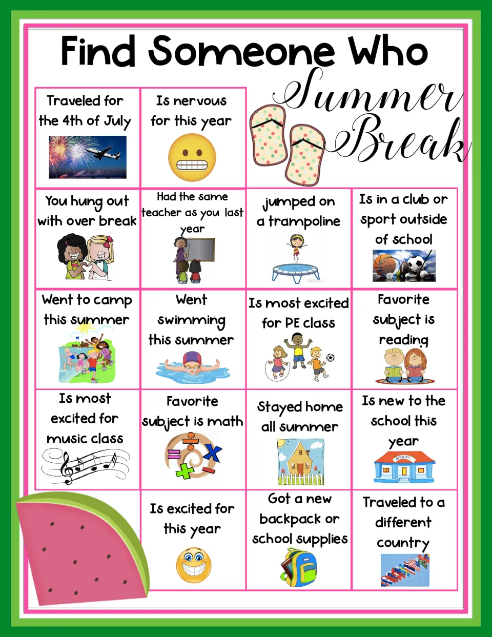 Illustrated summer icebreaker: clip art cues each of 17 prompts, like went swimming, favorite subject or new to the school