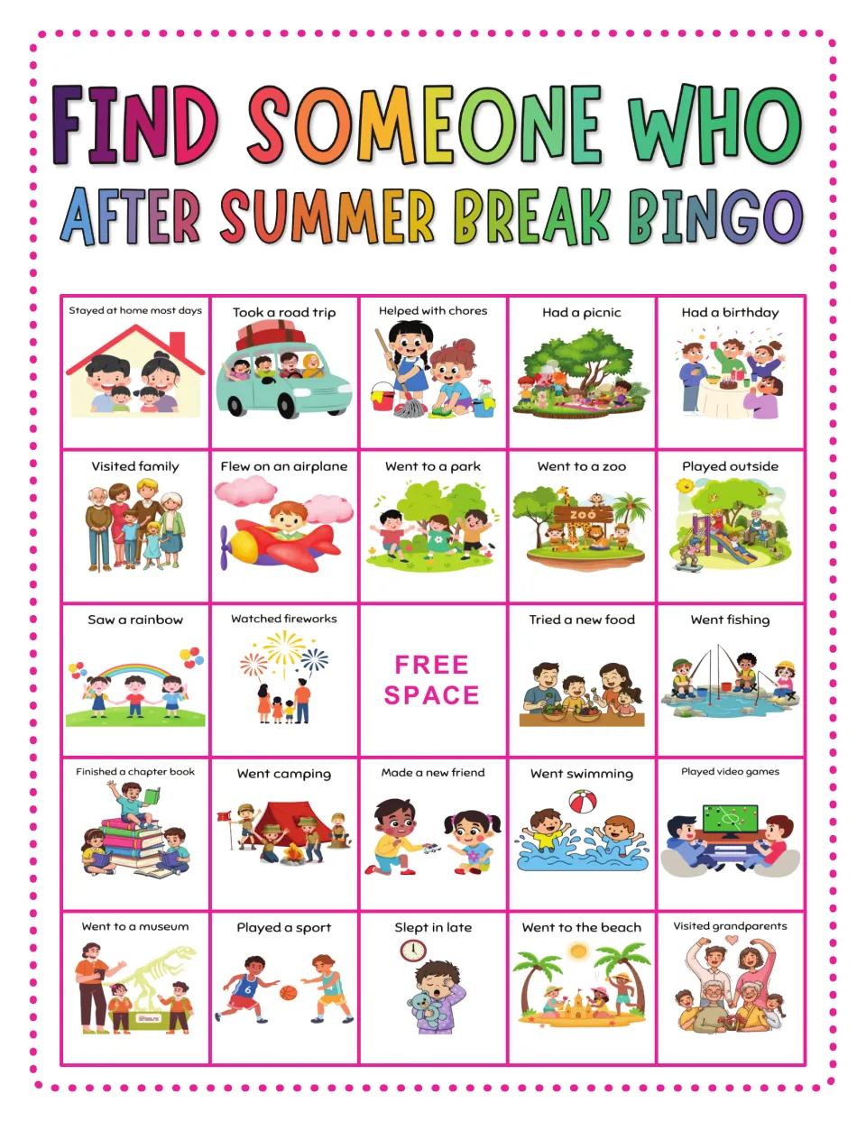 Summer break bingo card: students find classmates who took a road trip, had a picnic, went fishing or visited family