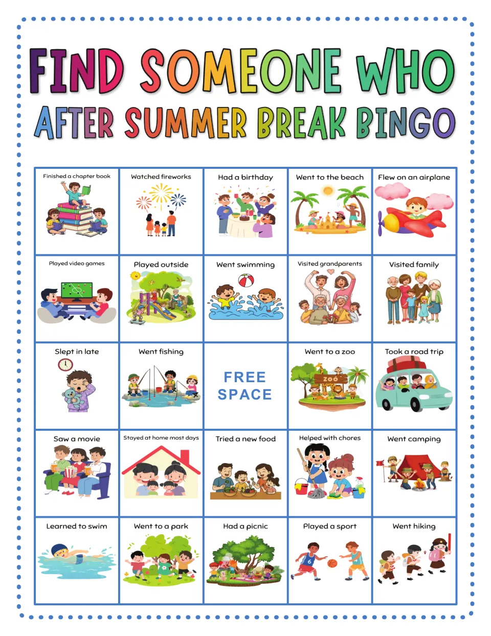 Summer break bingo card: students find peers who finished a chapter book, watched fireworks, went hiking or saw a movie