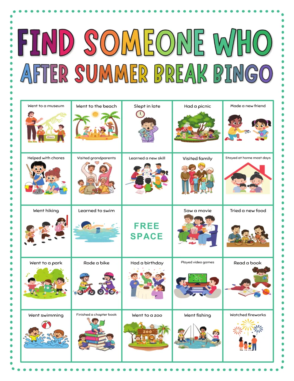 Summer break bingo card: find classmates who went to a museum, rode a bike, learned a new skill or read a book