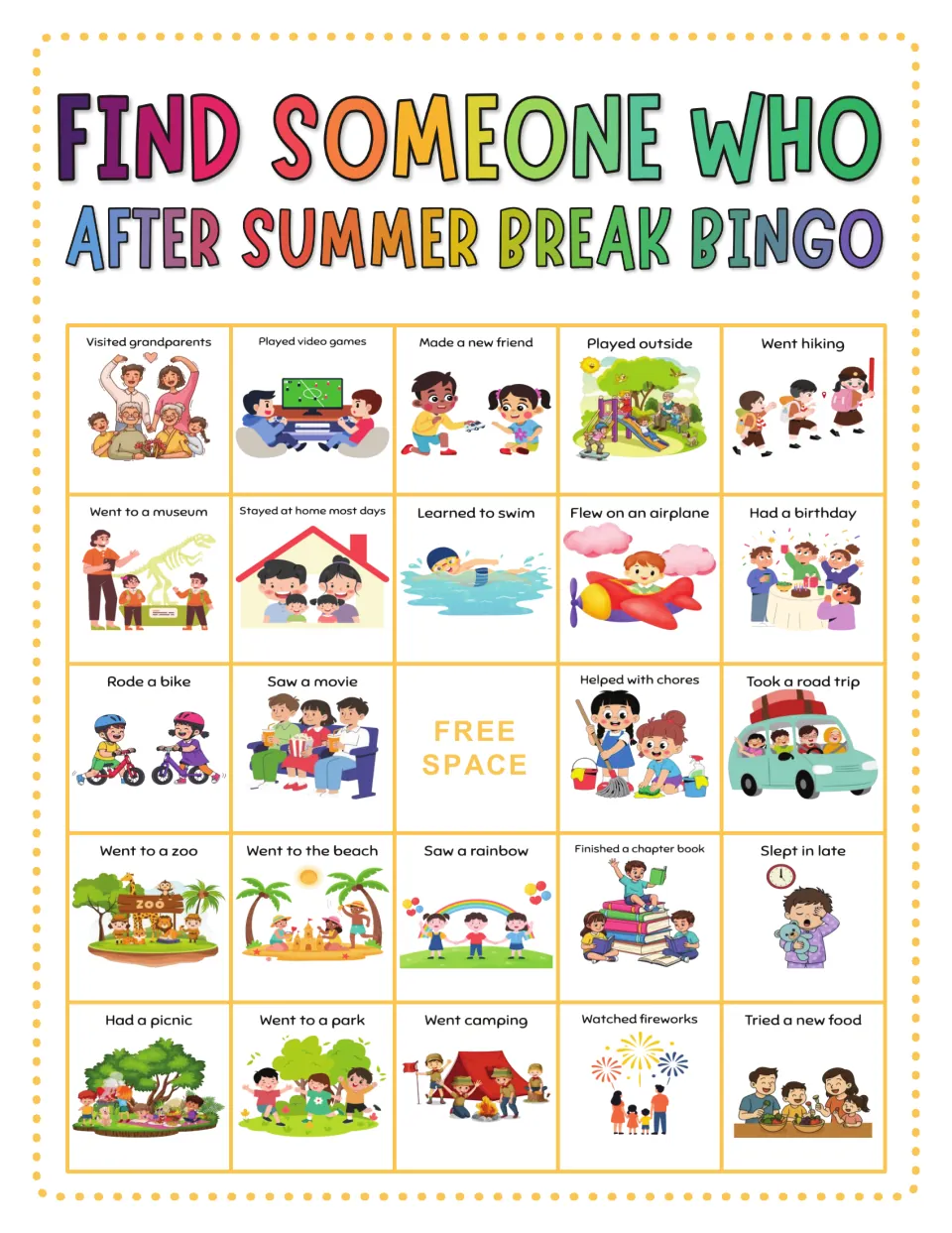 Summer break bingo card: students seek peers who visited grandparents, played video games, saw a rainbow or went camping