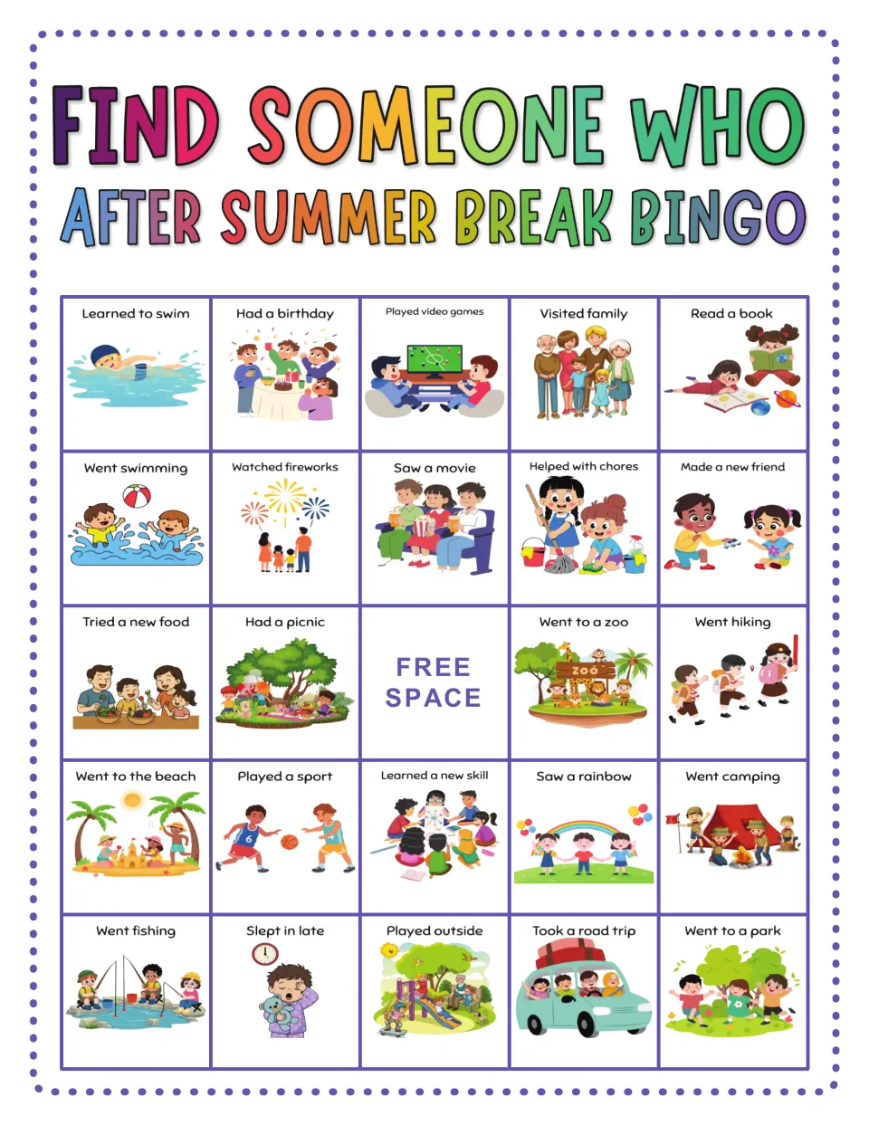 Summer break bingo card: find classmates who learned to swim, had a birthday, played a sport or learned a new skill