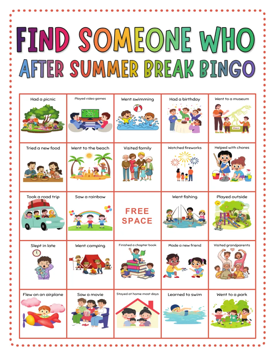 Summer break bingo card: students find peers who had a picnic, went swimming, went to a museum or flew on an airplane