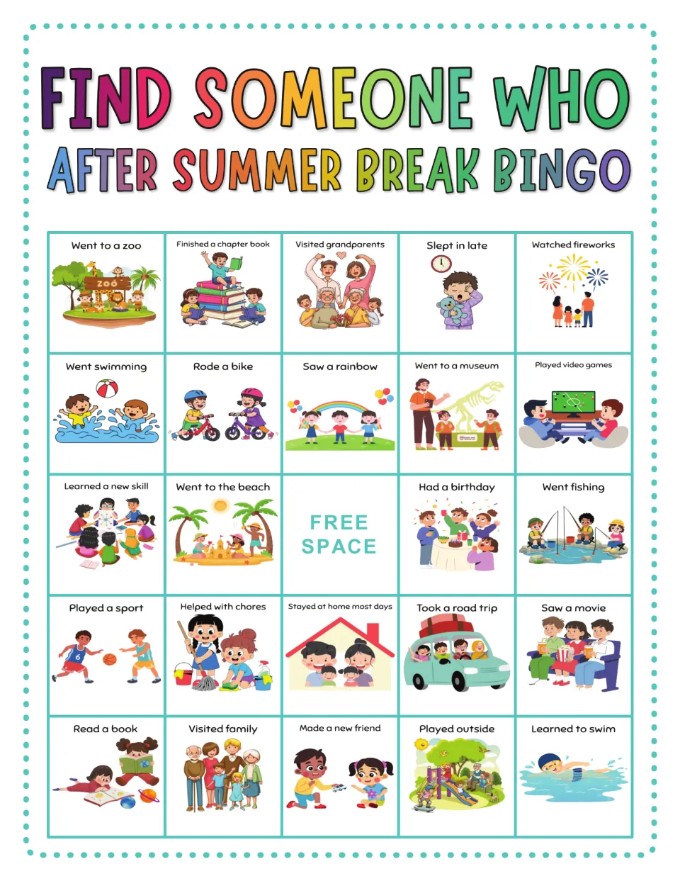 Summer break bingo card: find classmates who went to a zoo, rode a bike, stayed at home most days or learned to swim