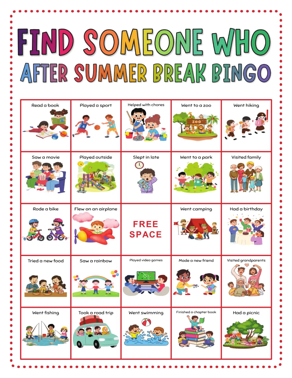 Summer break bingo card: students find peers who read a book, played a sport, went hiking or tried a new food