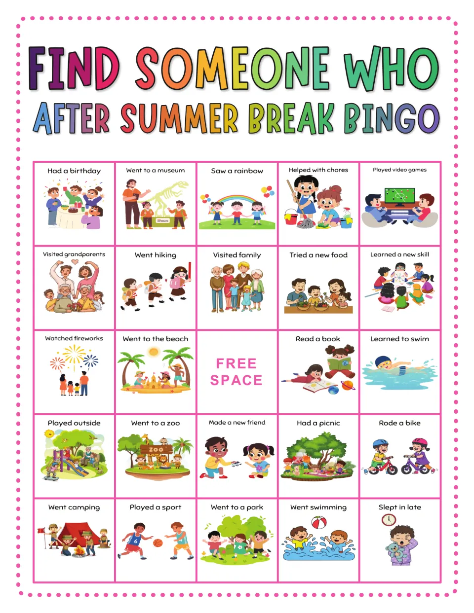 Summer break bingo card: students find peers who had a birthday, saw a rainbow, went hiking or rode a bike