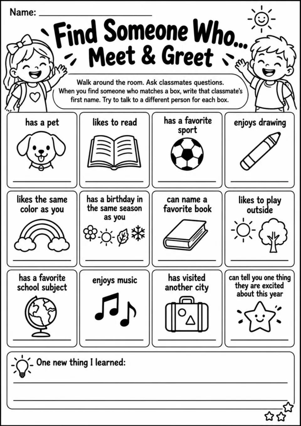 Meet & Greet activity board: 12 prompts about classmates, including pets, reading, sports, and drawing