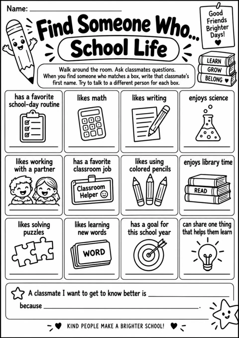 School Life activity board: 12 prompts about routines, math, writing, science, and other school interests
