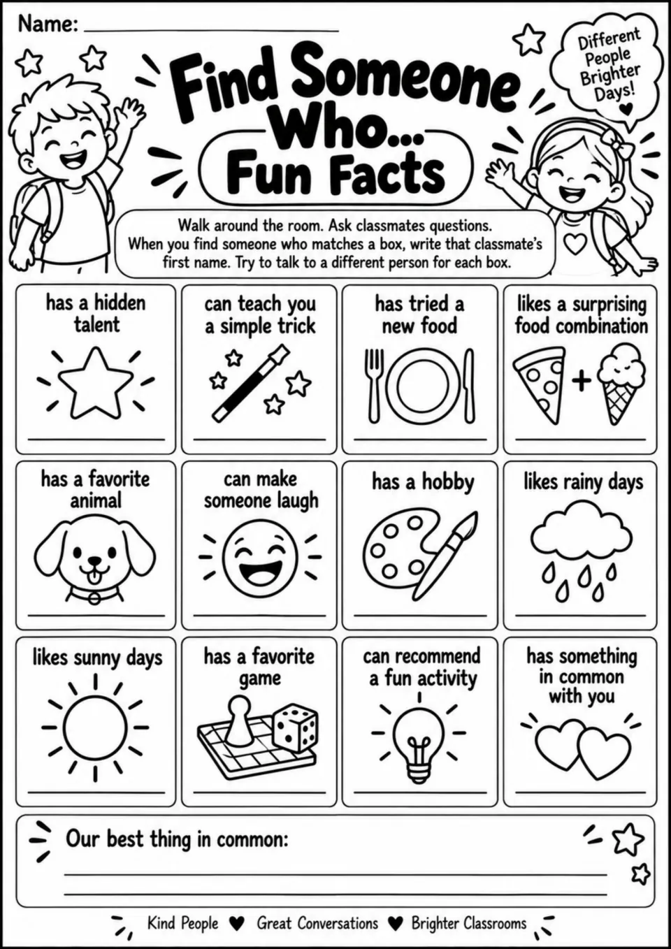 Fun Facts activity board: 12 prompts about talents, foods, hobbies, games, and things classmates share