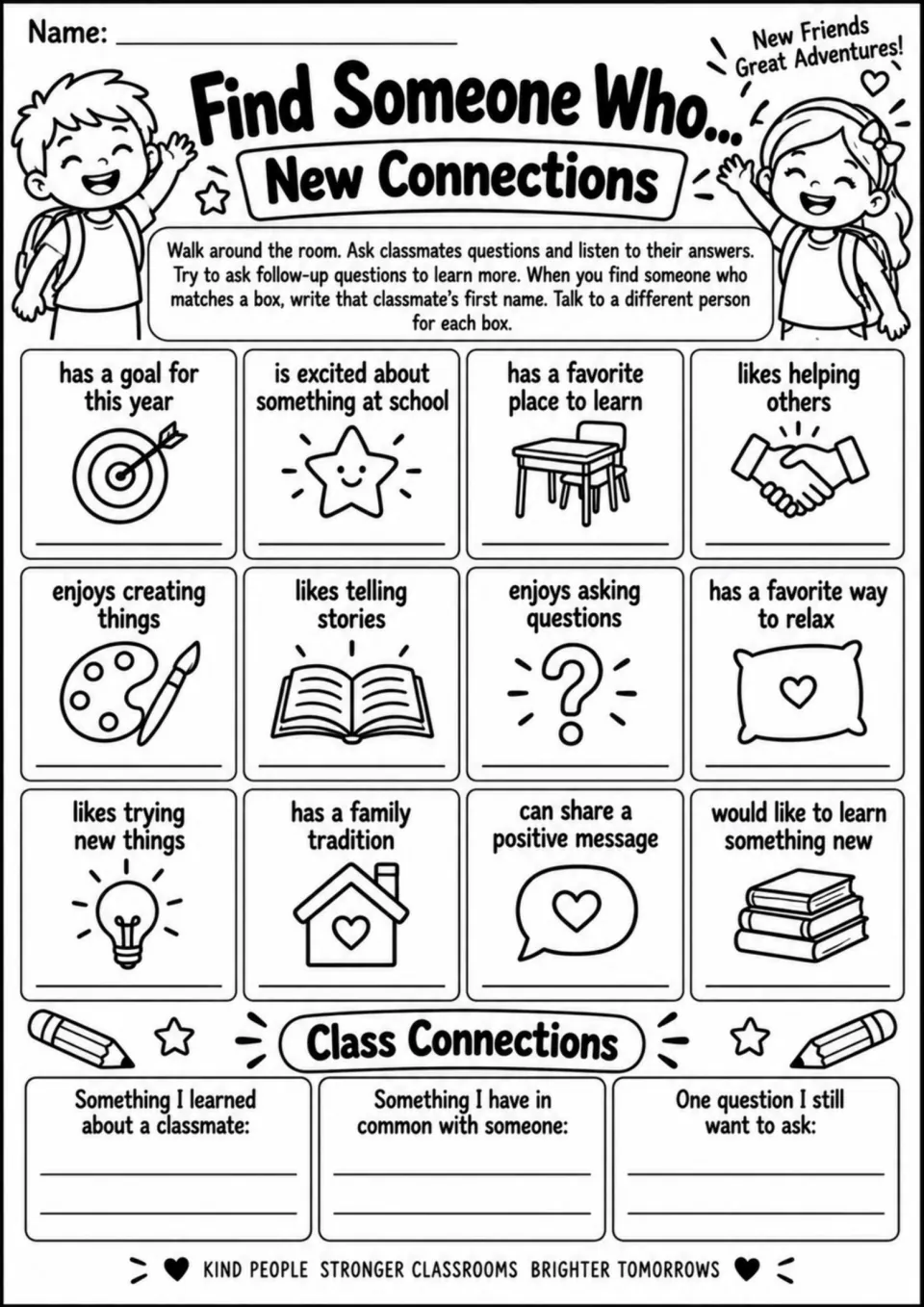 New Connections activity board: 12 prompts about goals, helping, creating, and more, plus three reflections