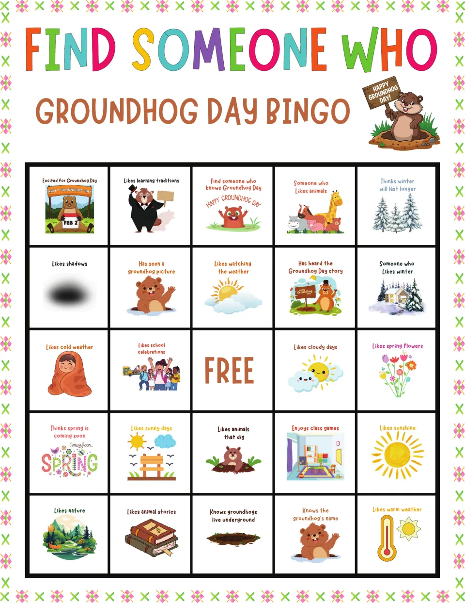 Groundhog Day bingo card 4: students look for peers excited for Groundhog Day or who like learning traditions and animals