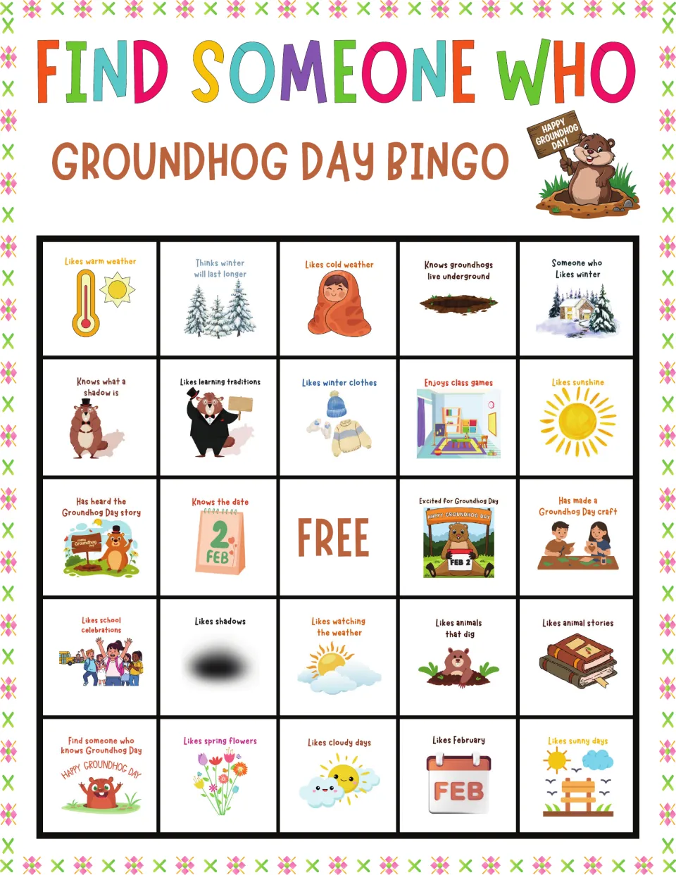 Groundhog Day bingo card 5: weather-themed prompts lead the card, from likes warm weather to thinks winter will last longer
