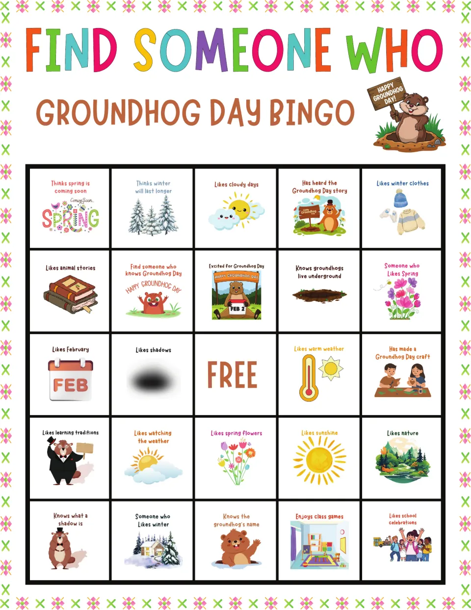 Groundhog Day bingo card 8: spring-or-winter guesses open the card, plus likes cloudy days and has heard the holiday story