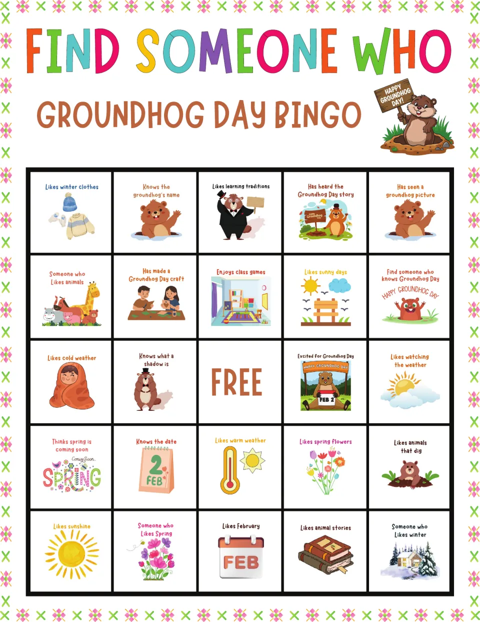 Groundhog Day bingo card 9: students hunt for someone who knows the groundhog's name or likes learning traditions