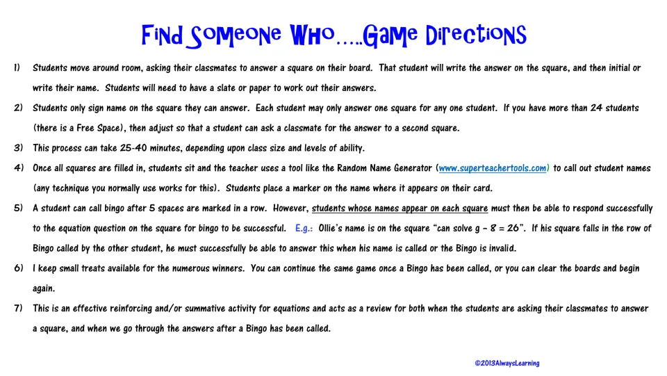 Game directions: students mingle, get classmates to solve and sign squares, then play bingo as the teacher calls out names