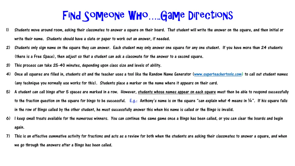 Game directions: students get classmates to answer and sign fraction squares, then play bingo as names are called at random