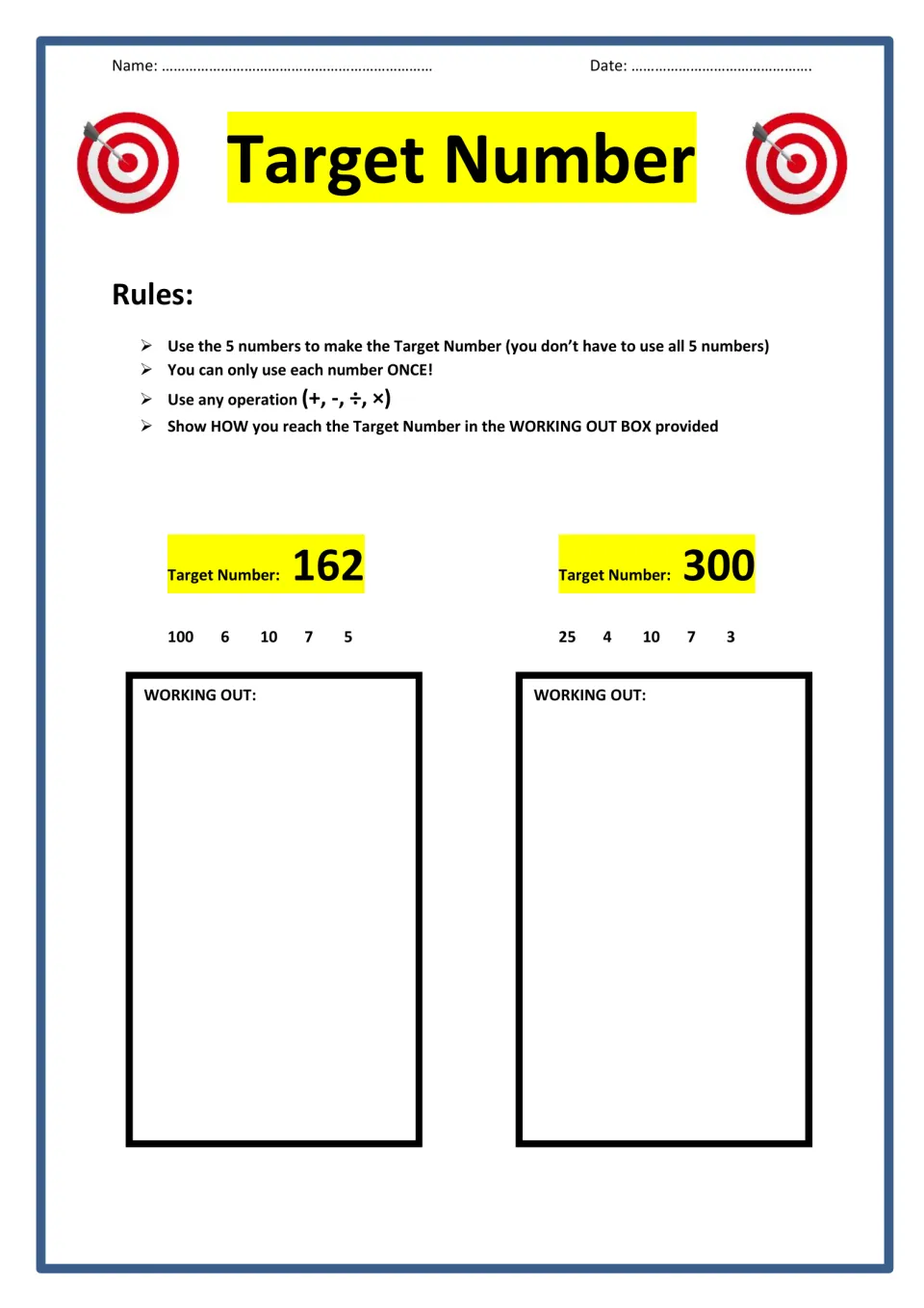 Target Number rules and puzzles: students combine 5 numbers with any operation, each used once, to reach 162 and 300