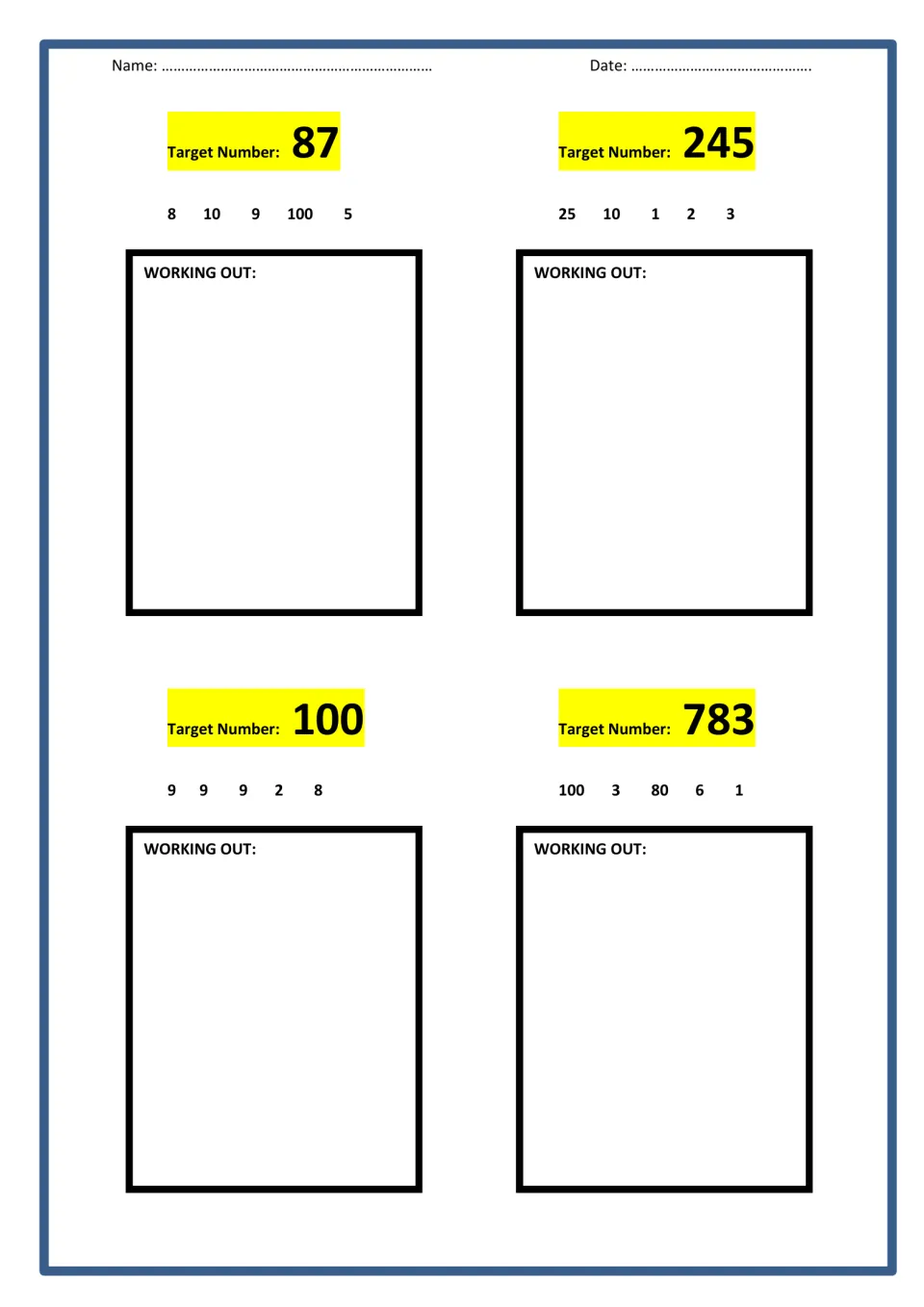 Four more target puzzles: students use number sets and any operation to reach 87, 245, 100 and 783, showing working