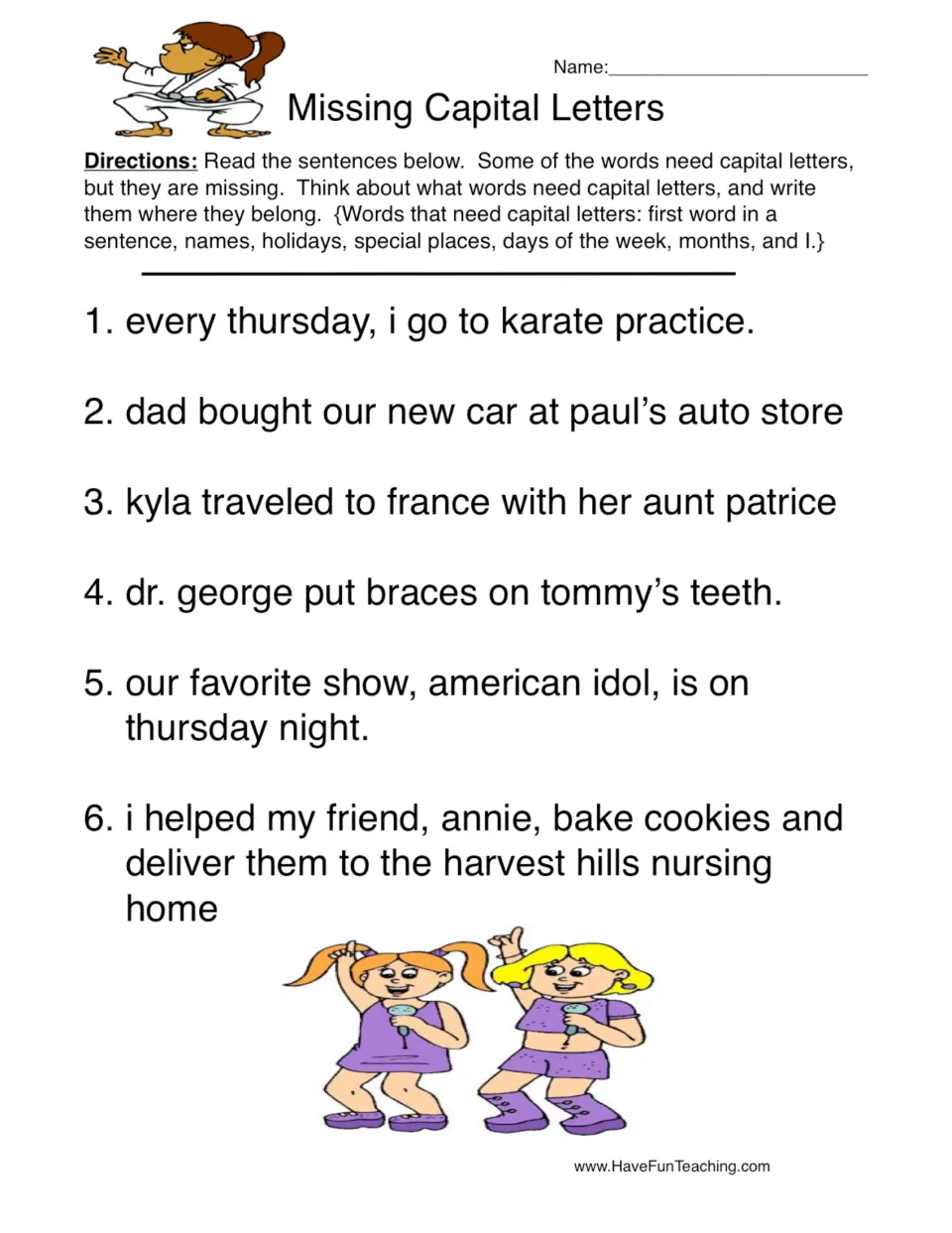 Capitalization practice: six sentences about Thursday karate, Paul's Auto Store, France, and other names.
