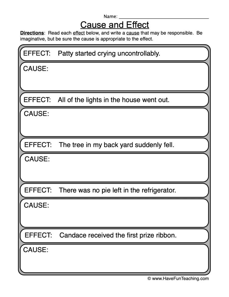 Cause-and-effect practice: write causes for Patty crying, lights going out, a fallen tree, and two more effects.