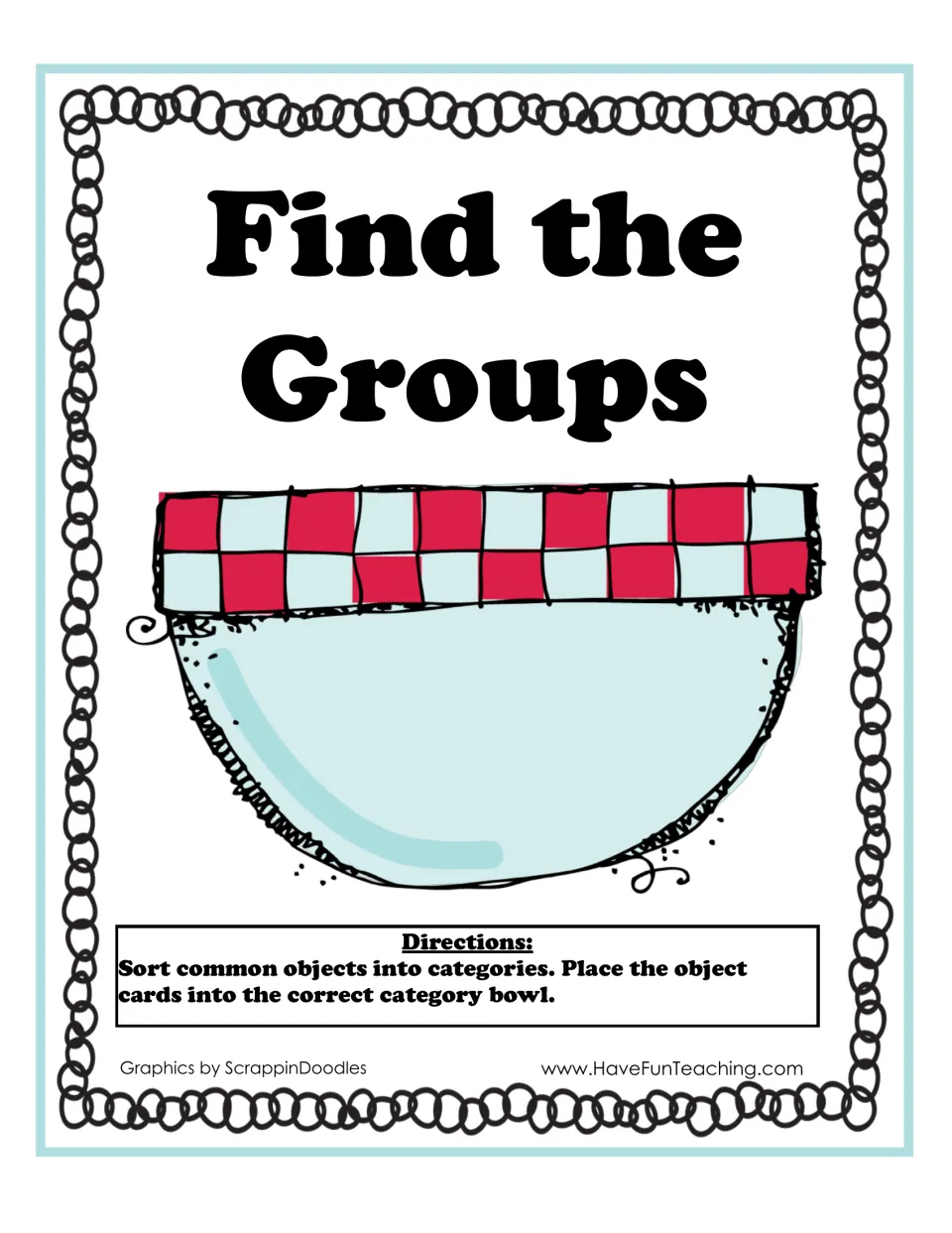 Find the Groups cover: directions tell students to sort common object cards into the correct category bowl