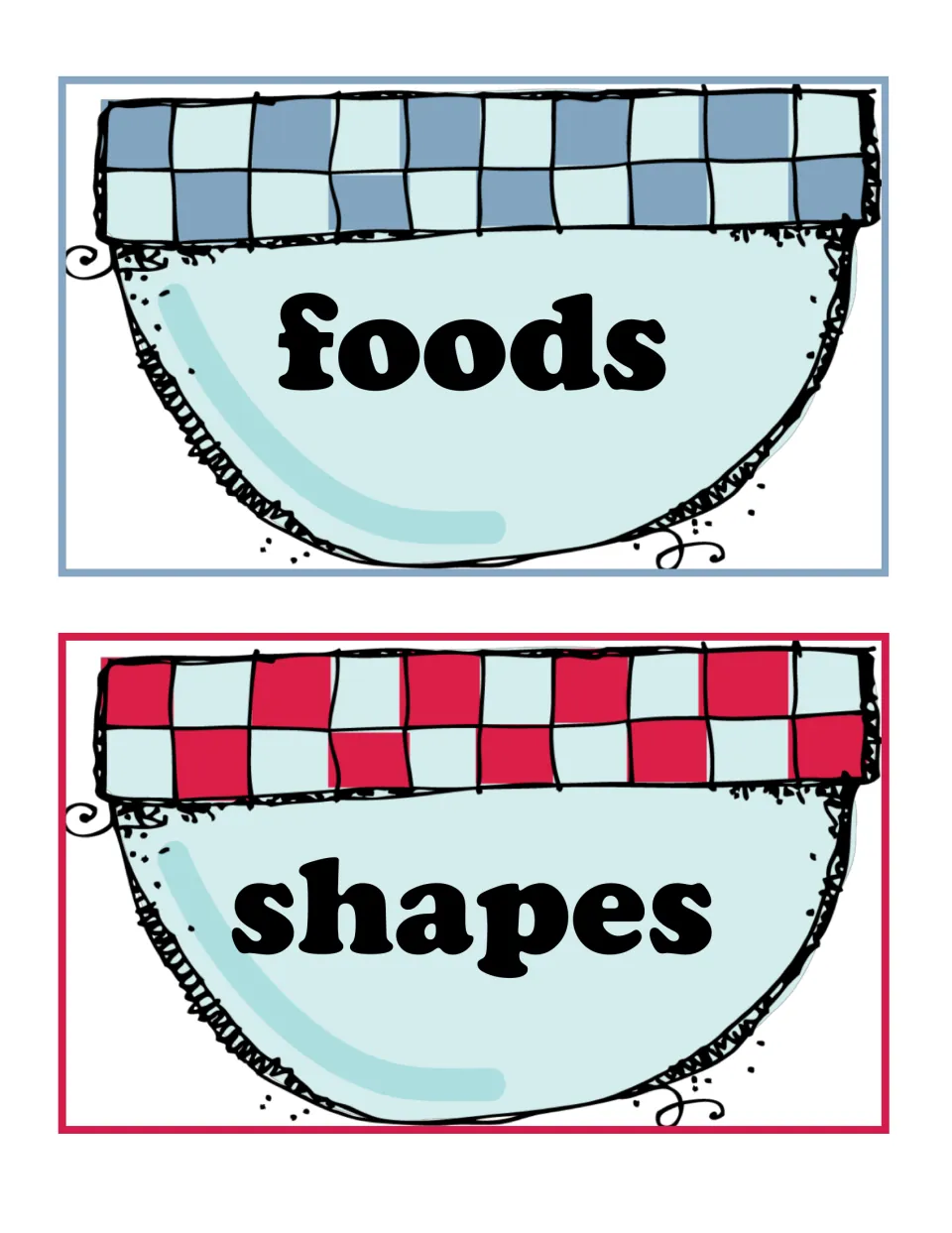 Category bowl mats labeled foods and shapes: students place matching picture cards in each bowl to practise sorting