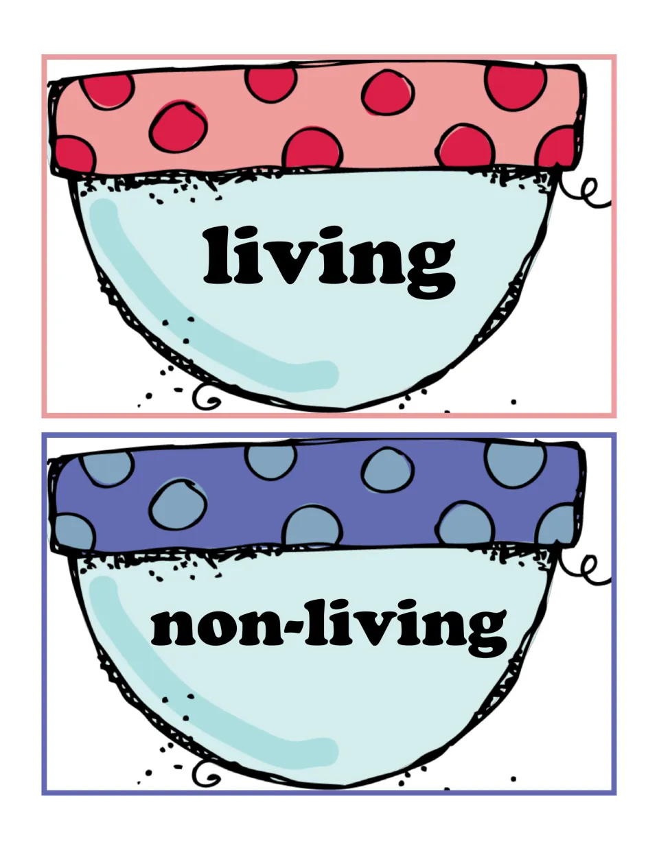 Category bowl mats labeled living and non-living: students sort picture cards of animals, plants and objects into each