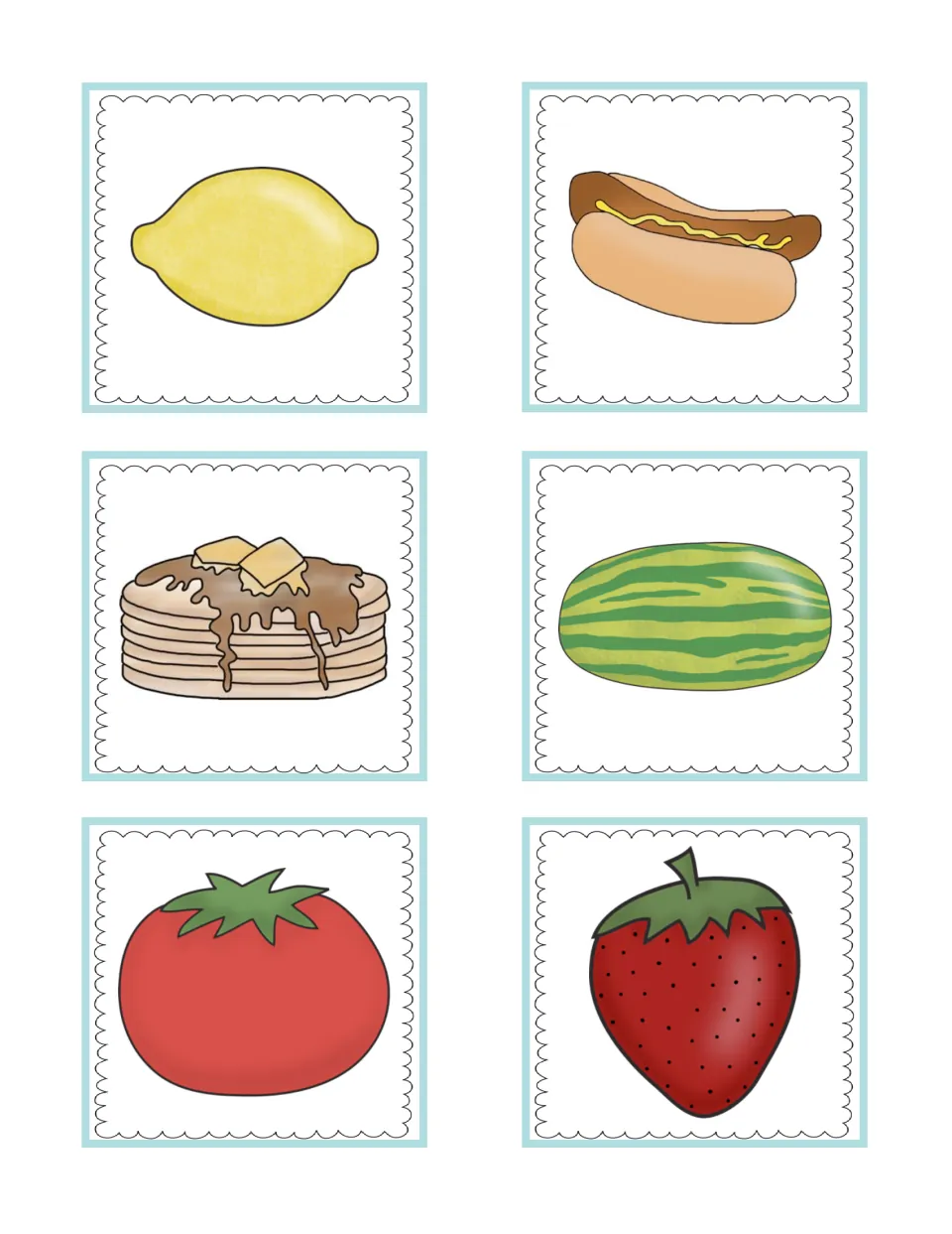 Food picture cards to sort: lemon, hot dog, pancakes, watermelon, tomato and strawberry for the foods bowl