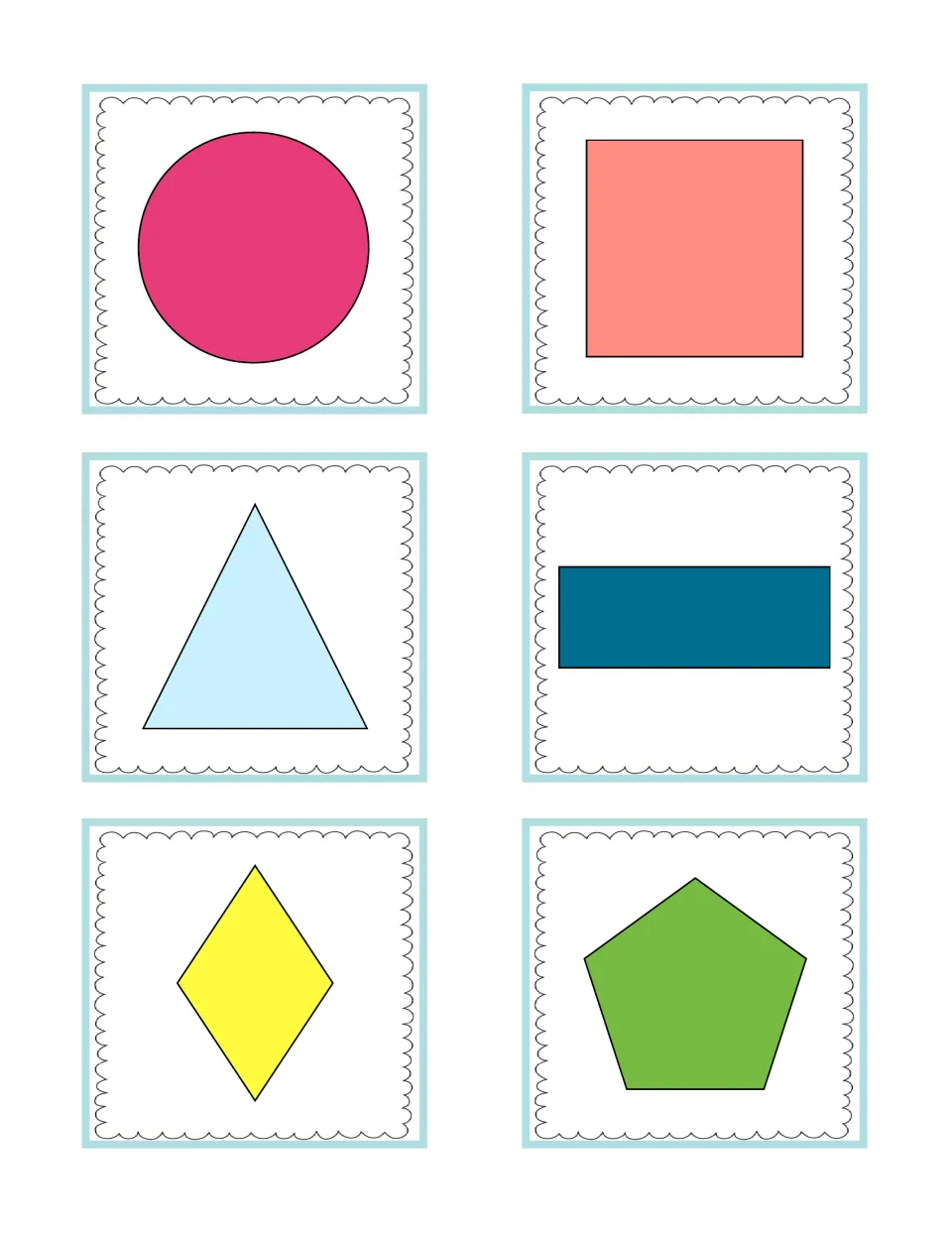 Shape picture cards to sort: circle, square, triangle, rectangle, rhombus and pentagon for the shapes bowl
