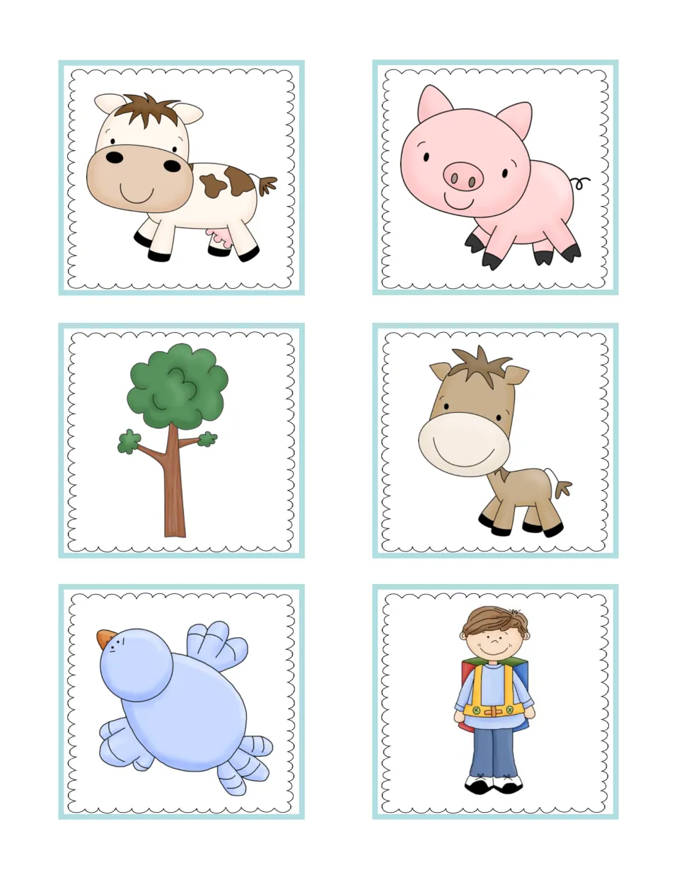 Living things picture cards: cow, pig, tree, horse, bird and boy for students to place in the living bowl