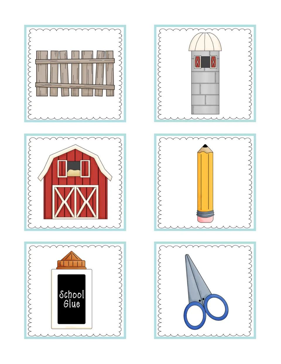 Non-living object cards: fence, silo, barn, pencil, school glue and scissors for students to sort as non-living