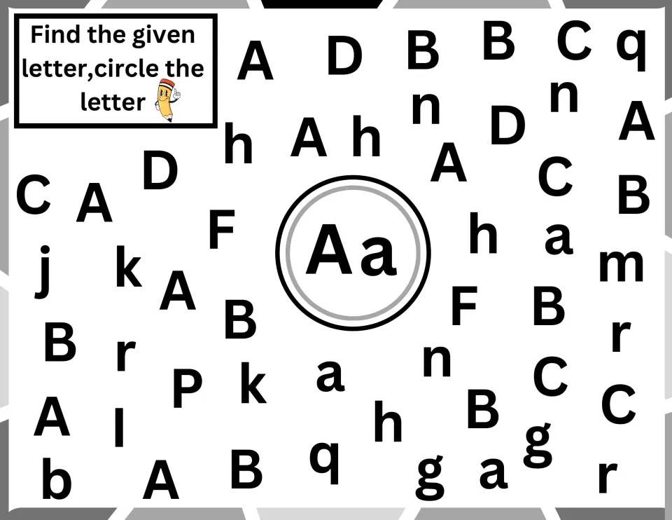 Letter A search: students find and circle every uppercase A and lowercase a scattered among mixed letters like D, B and h