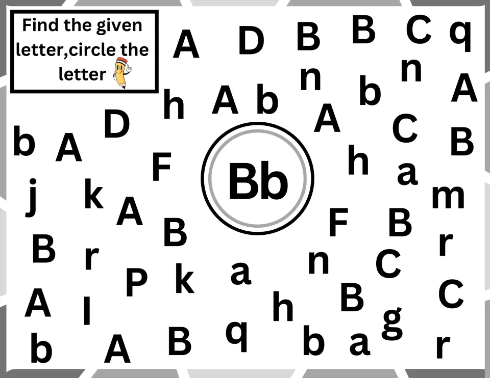 Letter B identification: students circle each capital B and lowercase b hidden among distractors such as D, h and q