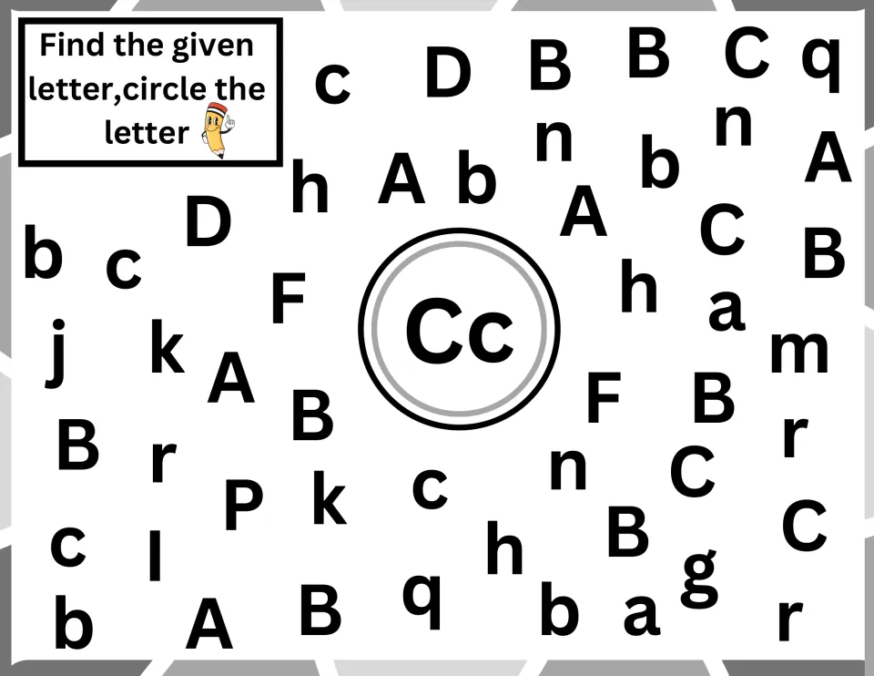 Letter C recognition: students search for and circle every C and c among letters such as b, A, h and q