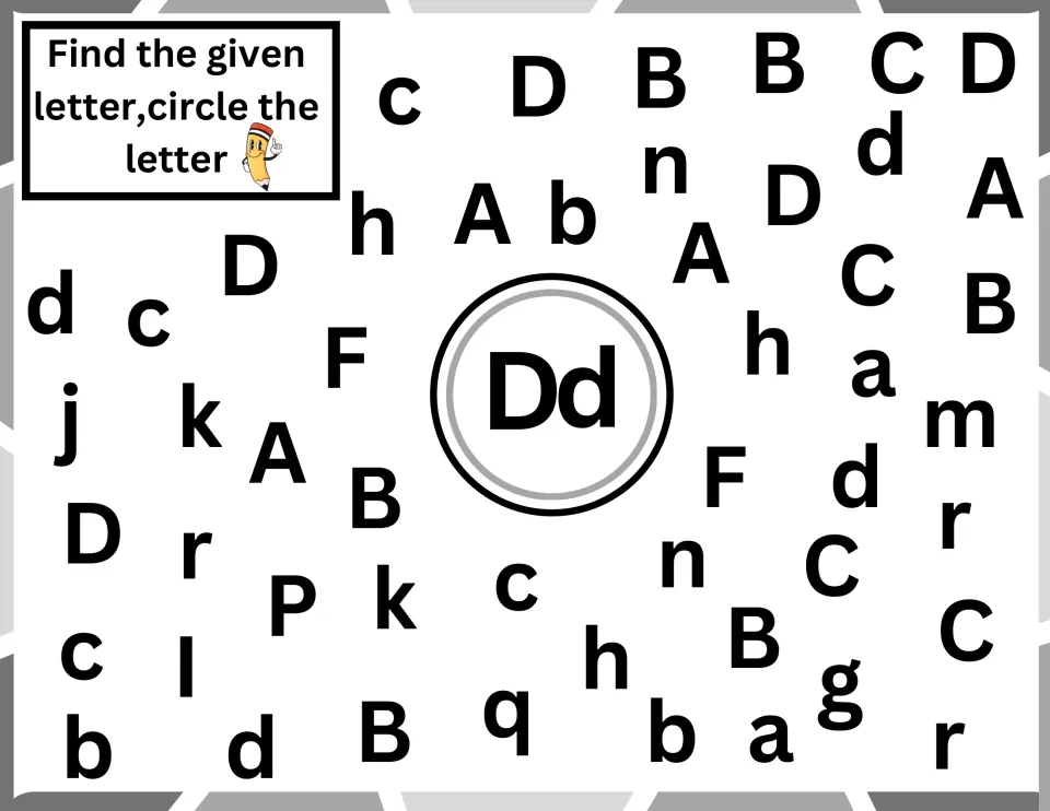 Letter D hunt: students circle all uppercase D and lowercase d, telling d apart from b, c and other letters