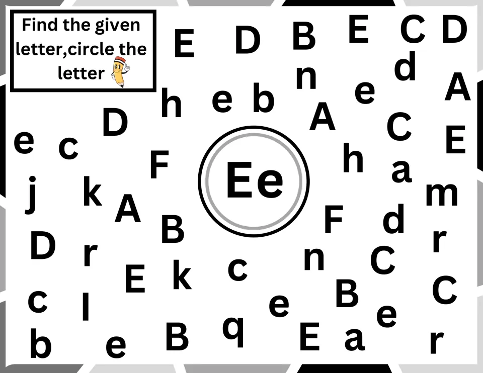 Letter E practice: students locate and circle every E and e among mixed letters including c, D and F