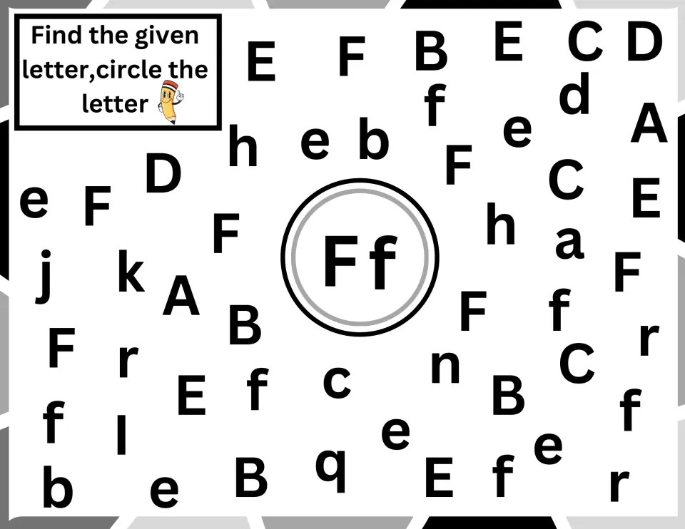 Letter F find: students circle each F and f scattered across the page, skipping E, e and other letters
