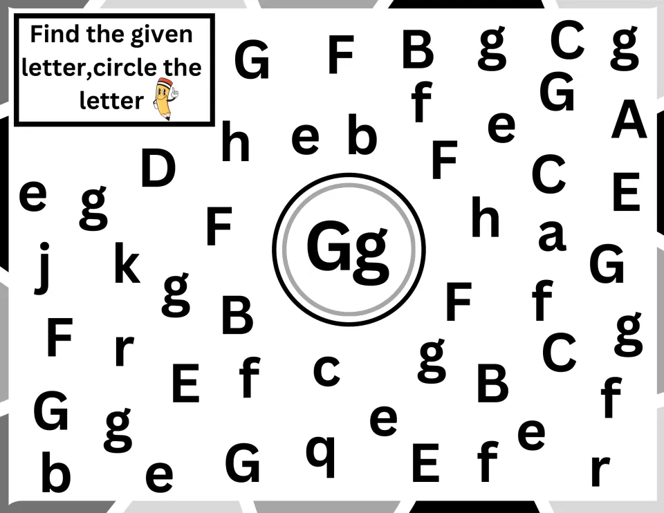 Letter G search: students find and circle capital G and lowercase g among distractors like C, q and e