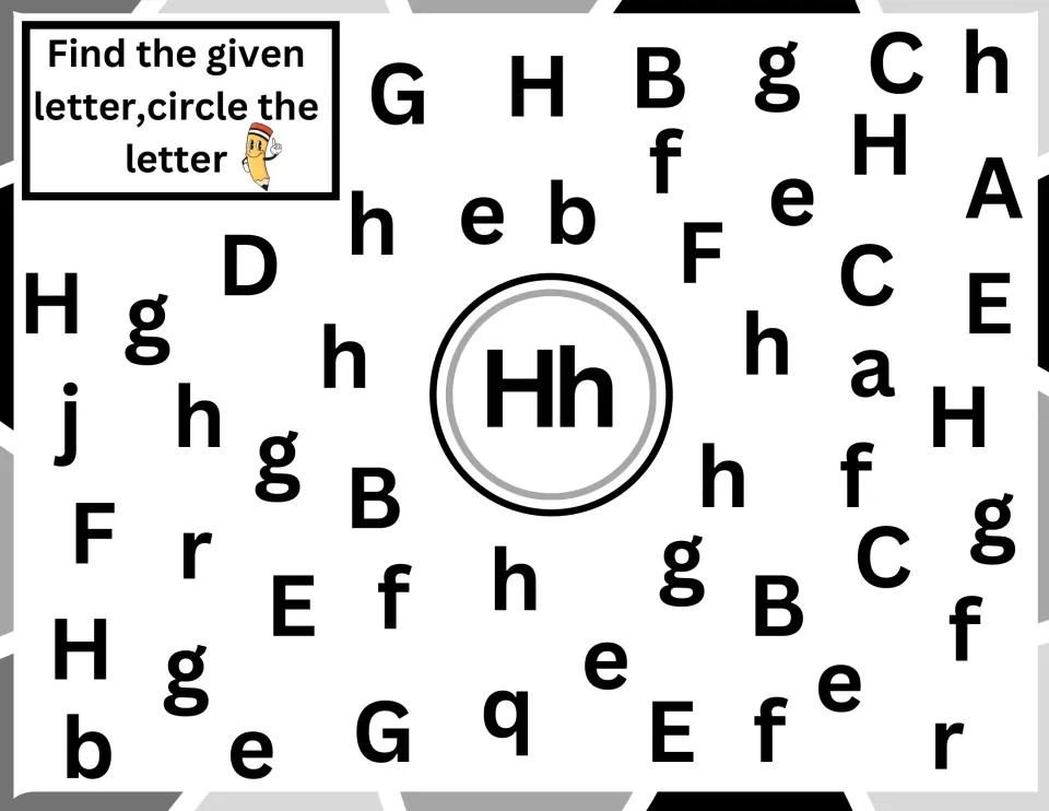 Letter H identification: students circle every H and h in a field of mixed letters such as g, f and b