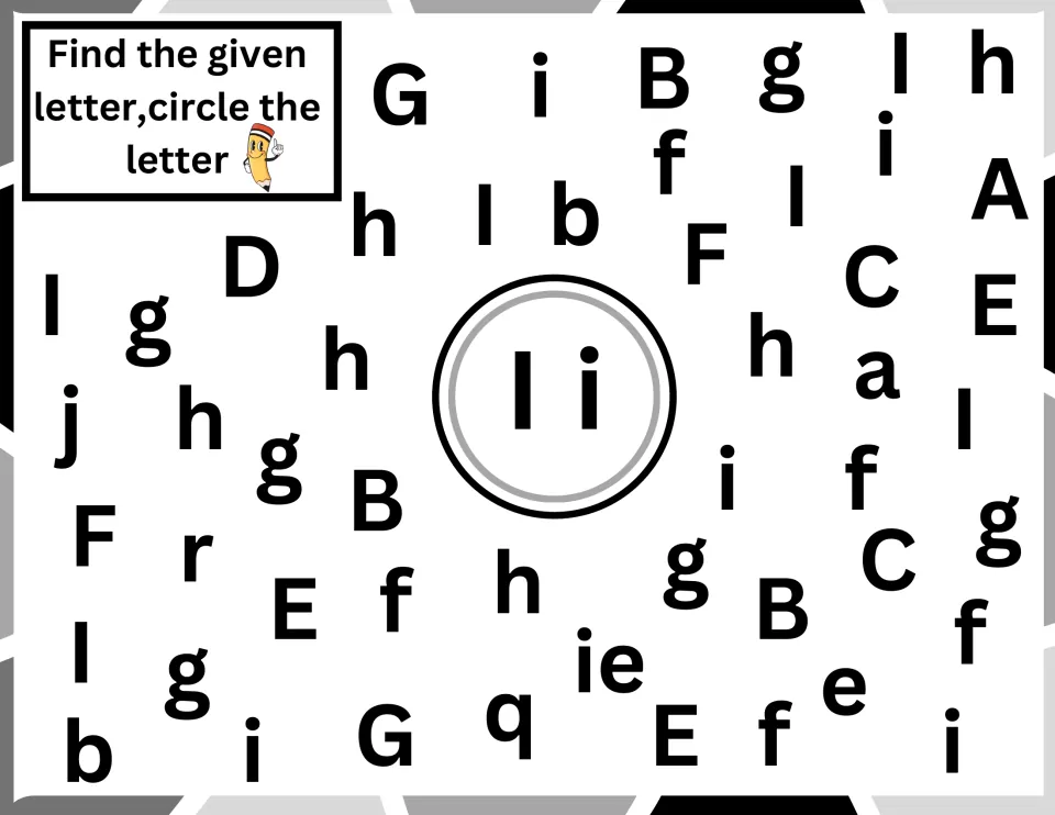 Letter I recognition: students circle each capital I and lowercase i, telling them apart from l, j and h