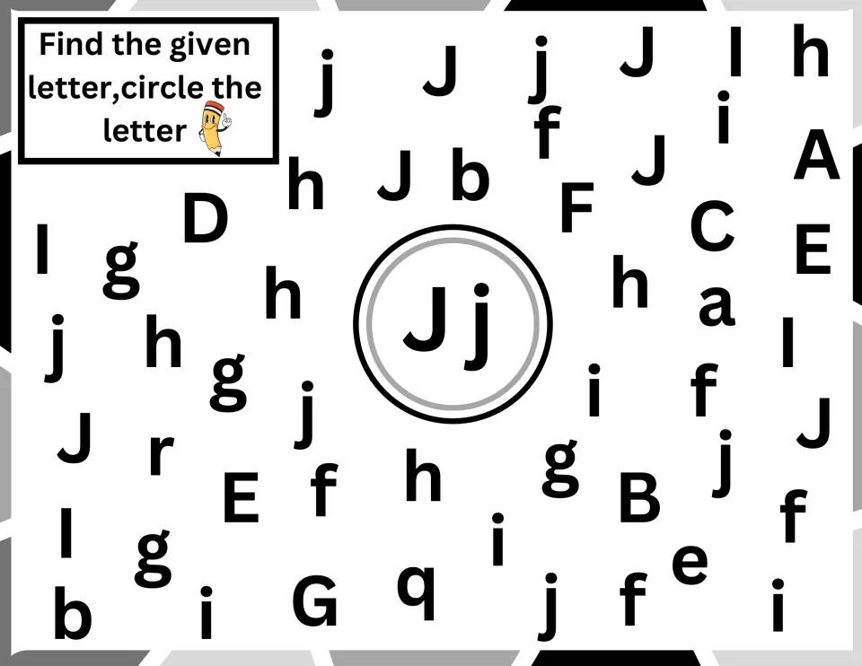 Letter J hunt: students find and circle every J and j scattered among letters like i, g, f and h