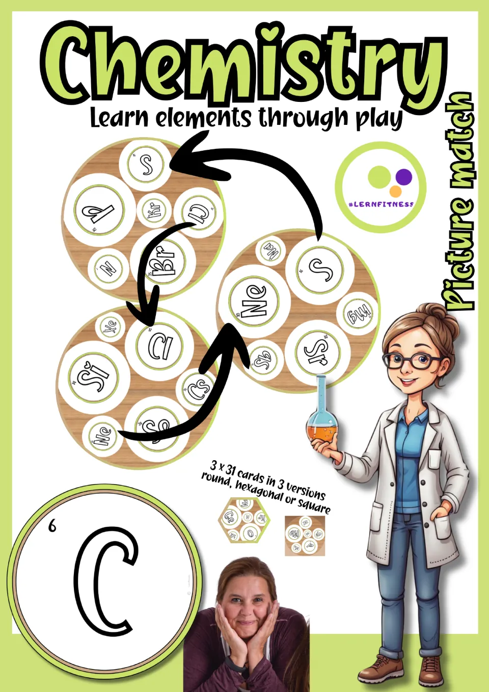 Chemistry picture match cover: element symbol cards like Ne, Cl, Si and S, 3 x 31 cards in round, hexagonal or square