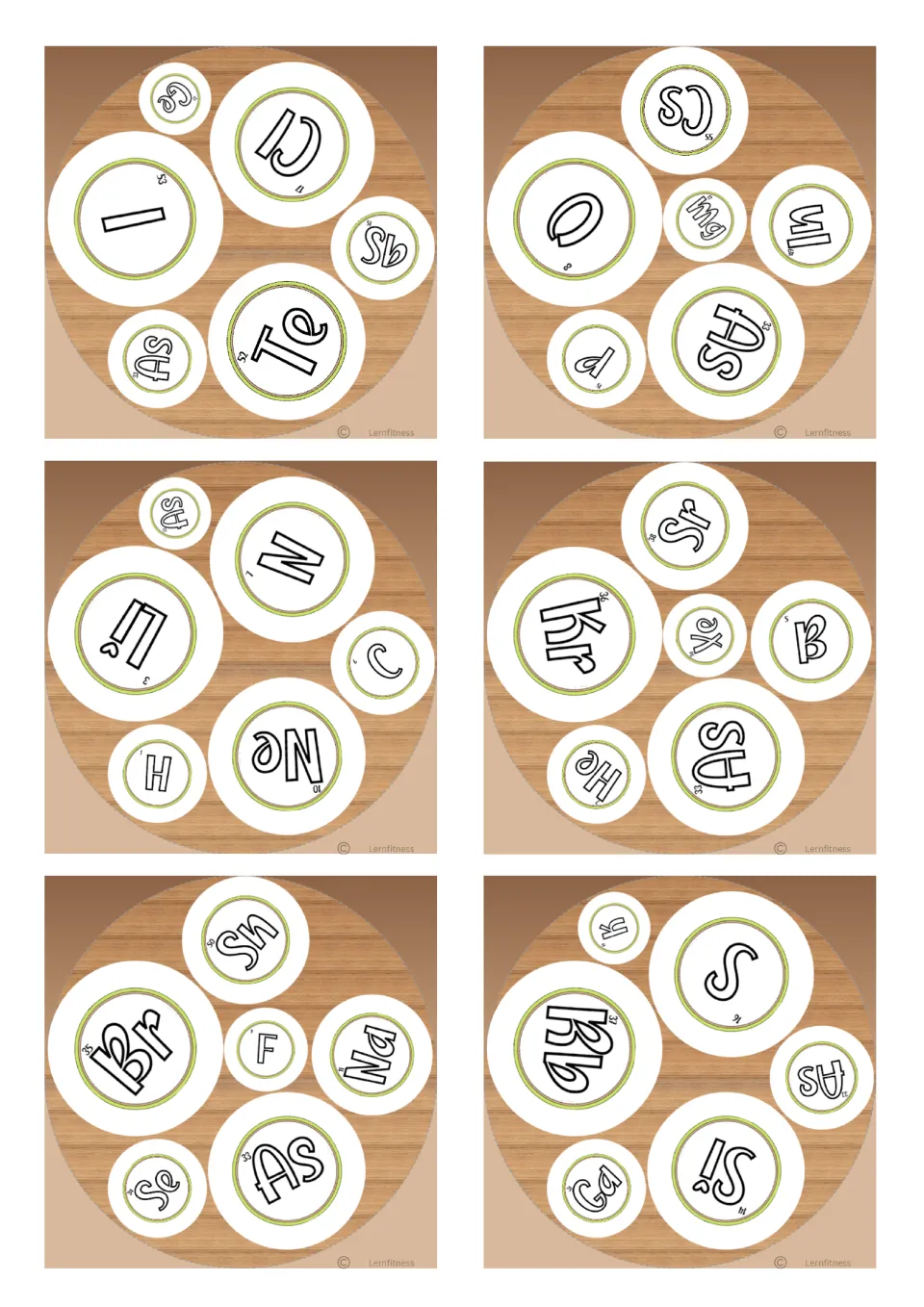Element symbol game cards: six square cards, each with six symbols such as Te, I, Br, Kr, As and Na, for spotting a match